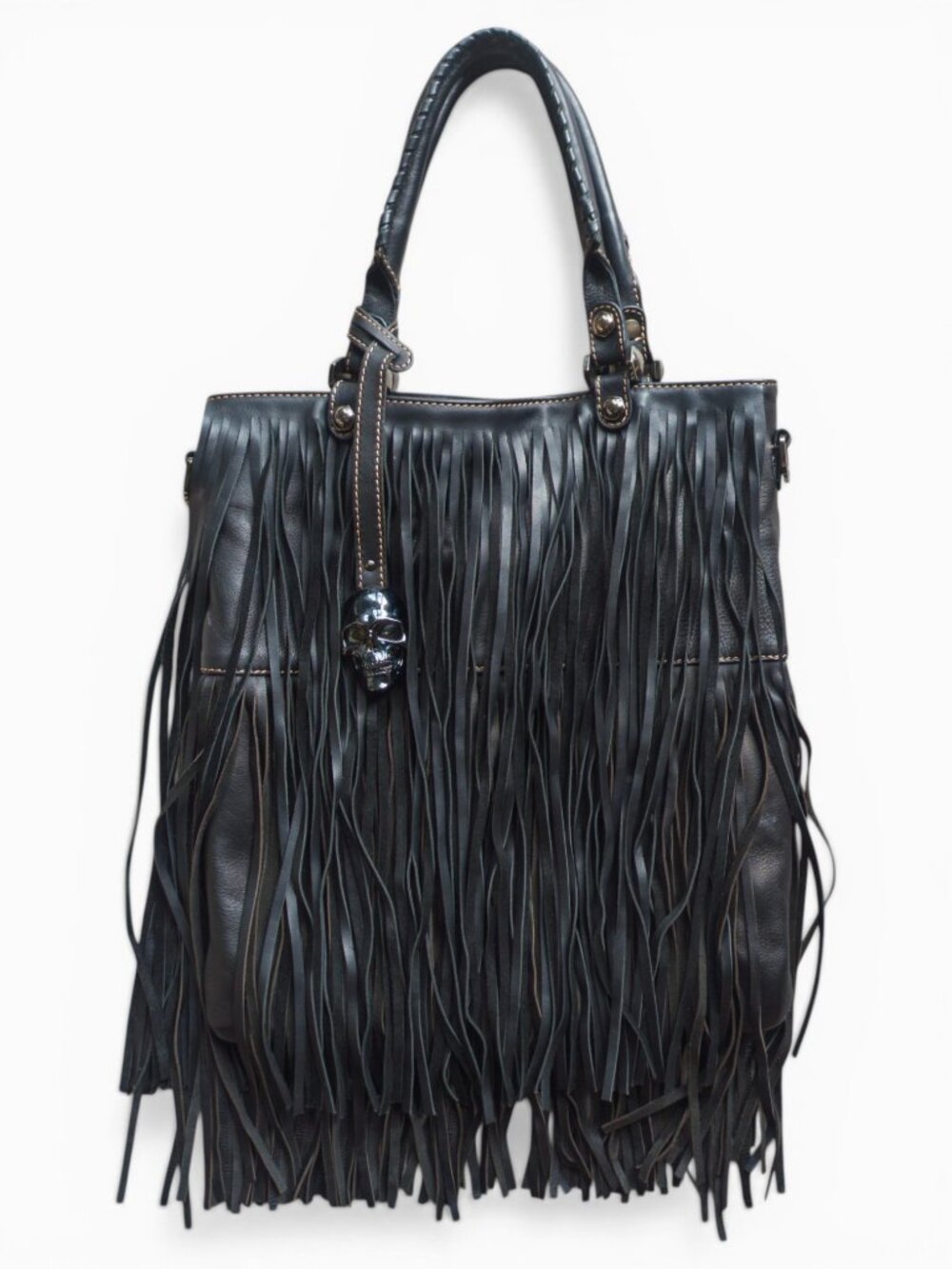 Prison Art Black Leather Fringe Shoulder Bag w/ Detachable Skull Charm